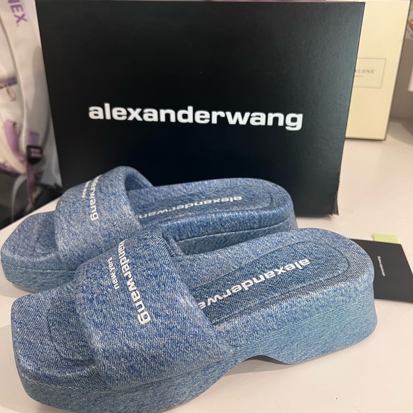 Alexander Wang Shoes - Alexander Wang Float Denim Leather Platform Slides Size 38